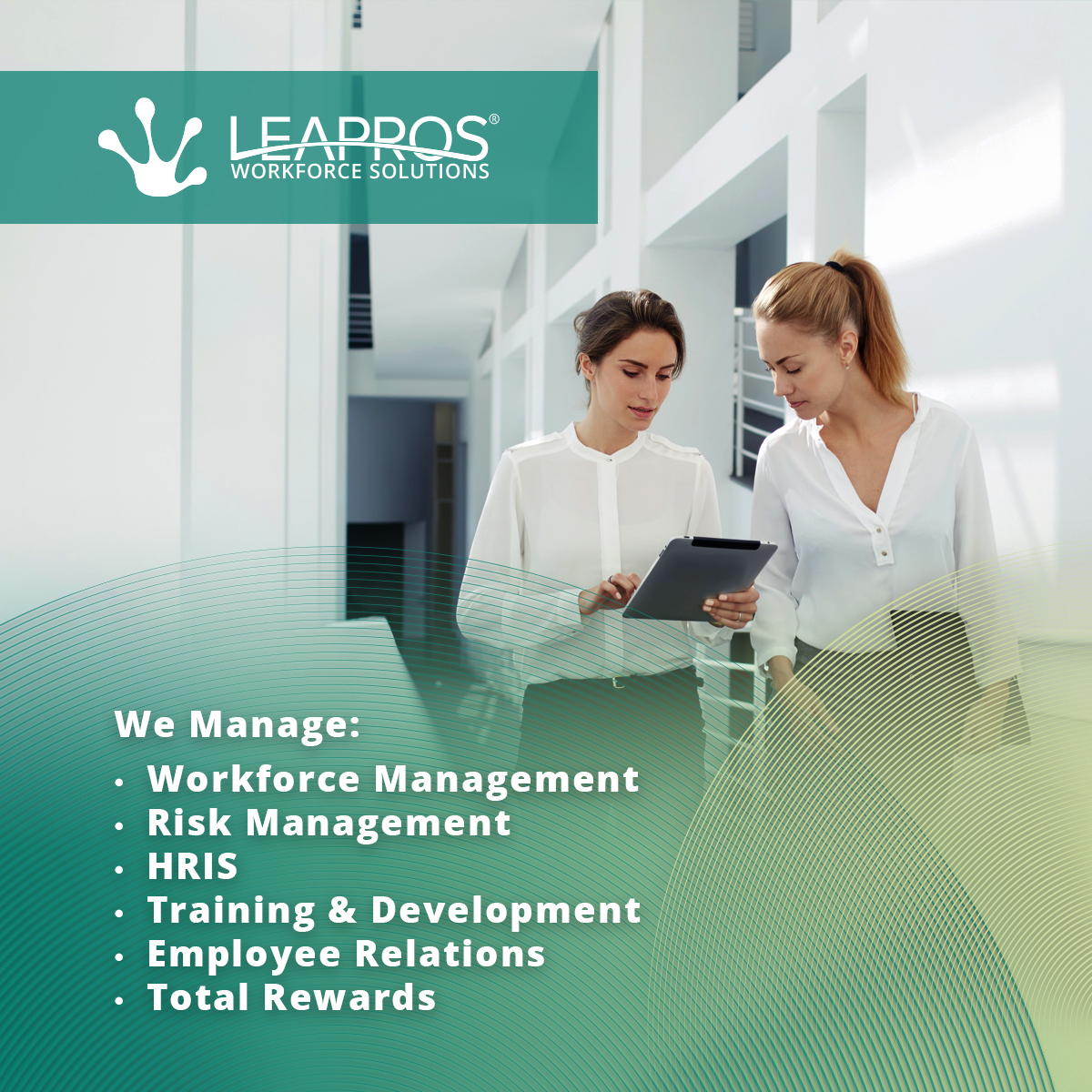 leapsmarter's tweet photo. We Manage: 
- Workforce Management
- Risk Management
- HRIS 
- Training &amp; Development
- Employee Relations
- Total Rewards
https://t.co/Peozc9pHyg
#leapros #innovativeworkforcesolutions #jobs #hiring #HR #administration https://t.co/vB8tbyisrC