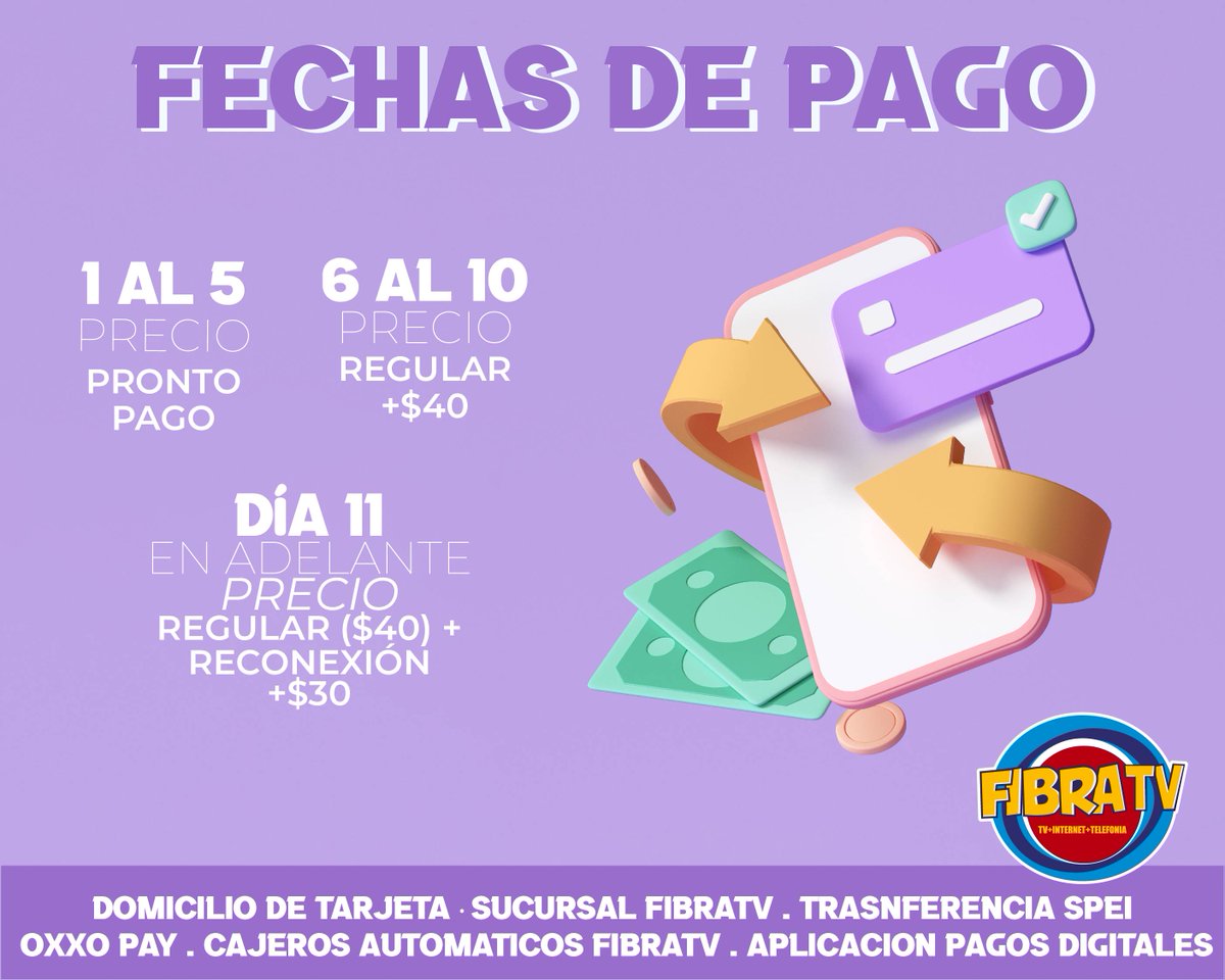 fibratv's tweet photo. 𝗥𝗘𝗖𝗨𝗘𝗥𝗗𝗔‼️💰 Del 𝟎𝟏 al 𝟎𝟓 de 𝐄𝐍𝐄𝐑𝐎 𝗣𝗥𝗢𝗡𝗧𝗢 𝗣𝗔𝗚𝗢, Del 𝟎𝟔 al 𝟏𝟎 𝐏𝐀𝐆𝐎 𝐑𝐄𝐆𝐔𝐋𝐀𝐑, del día 𝟏𝟏 en adelante 𝐏𝐀𝐆𝐎 𝐂𝐎𝐍 𝐑𝐄𝐂𝐎𝐍𝐄𝐗𝐈𝐎𝐍, Gracias por ser fiel cliente #FIBRATV 💳

#EmpresaSANJUANENSE #FechasDePago #Telecomunicaciones #SJR https://t.co/1IiXeQKjAq