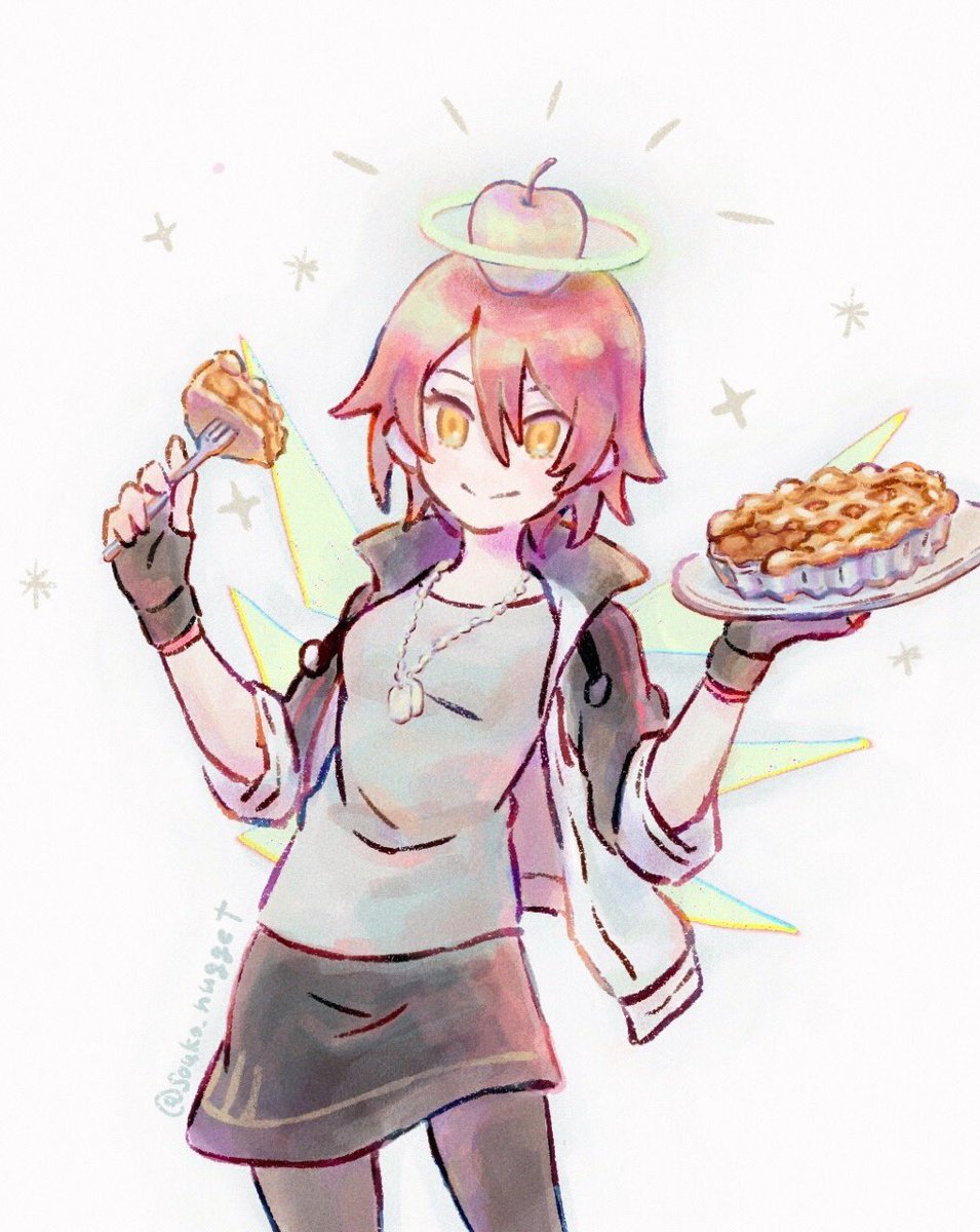 exusiai (arknights) 1girl pie halo food solo red hair dog tags  illustration images