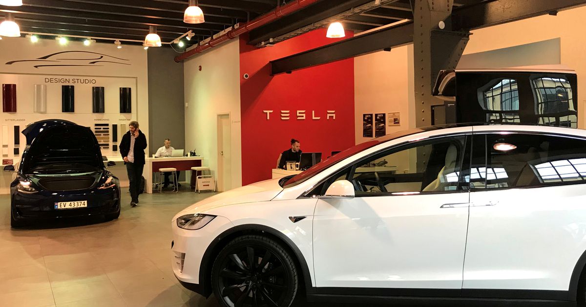Reuters's tweet photo. Electric cars hit 65% of Norway sales as Tesla grabs overall pole https://t.co/yUjIjPKgC6 https://t.co/lZWqSPYdXi