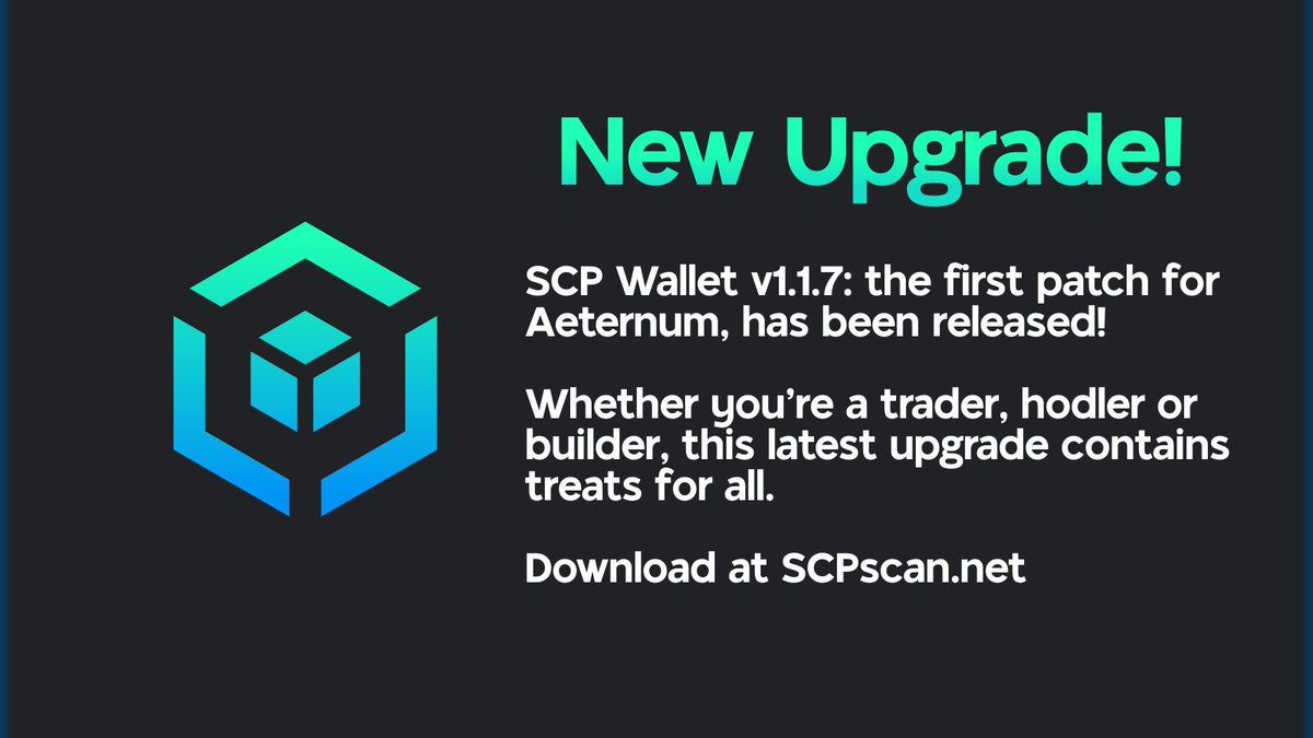♾️ Hello again, #Aeternum! A new patch has been released for SCP Wallet!

⚡ Containing UX improvements across the board for NFT #traders, #hodlers, and #builders; as well as huge speed improvements to #SCP full-nodes and #NFT navigation.

Upgrade here: scpscan.net/download.html