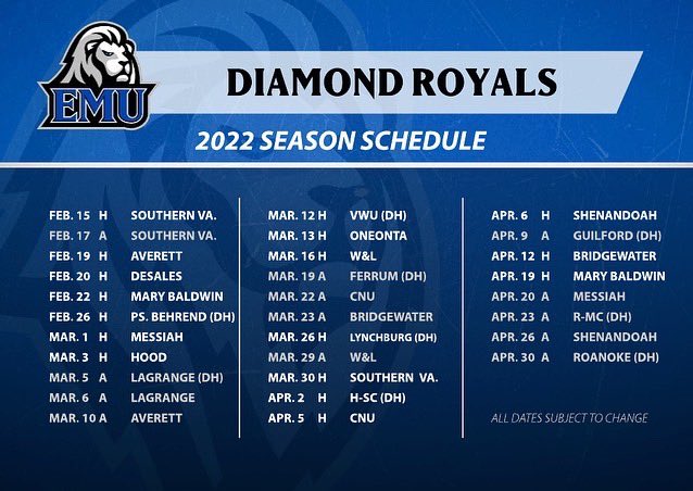 EMUbaseball1's tweet photo. We’re just 43 days away from opening day! 

Take a look at the full 2022 slate for your Diamond Royals. https://t.co/7a7sCpNSoG