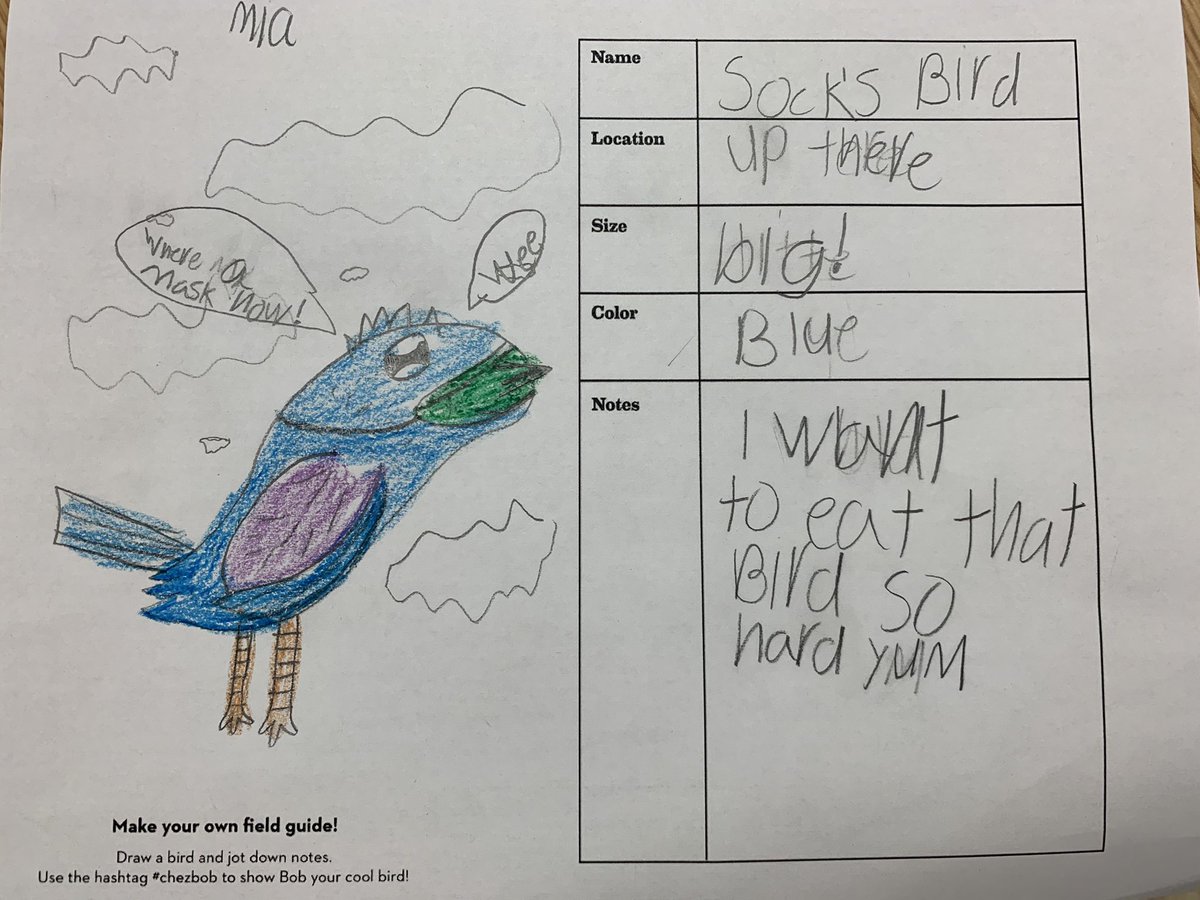 eking8274's tweet photo. To start on a good note for the new year, we read #ChezBob and drew some birds to eat. These cracked me up the most (especially smart bird). 🤣 @BLE_Chiefs @MassapequaPS https://t.co/h17gYywDlq