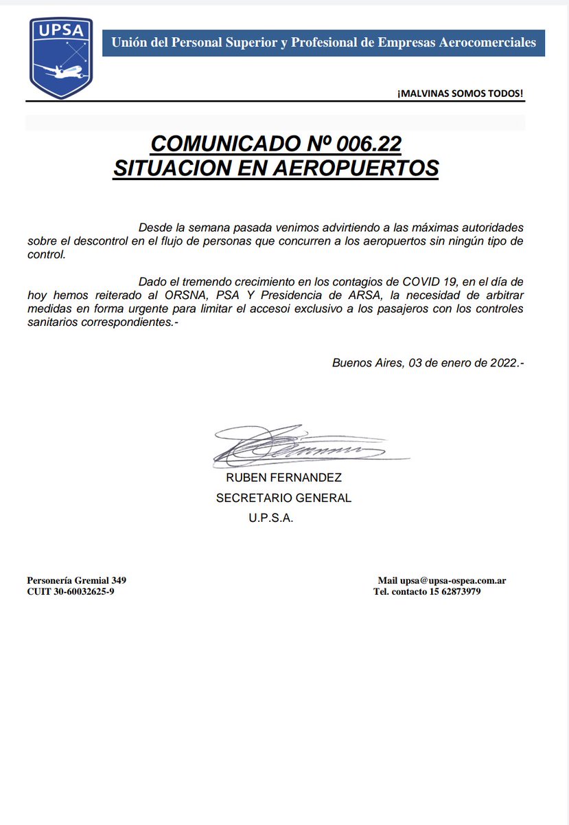 UPSA_Oficial's tweet photo. IMPORTANTE! SOLICITAMOS AL @ORSNAoficial @SeguridadPSA y @Aerolineas_AR se permita solo el ingreso de pasajeros a los Halls d los aeropuertos x la gran cantidad de contagios covid-19 @AgenciaTelam @CATT_Prensa @cgt_camioneros @itfaviation https://t.co/eaatkuW5c6