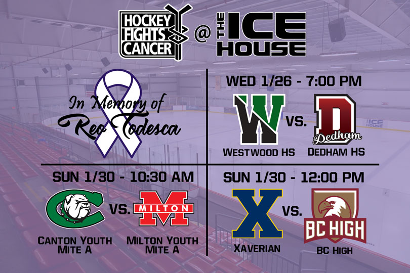 reosfoundation's tweet photo. Hockey Fights Cancer returns to @CantonIceHouse! On Jan 26th @Westwood_Hockey will take on Dedham at 7pm. Then Sun 1/30 it's a Double Header with @Canton_YH Mite A's facing Milton at 10am and a main event of Catholic Conference rivals @XaverianHockey taking on @BCH_HOCKEY @ Noon! https://t.co/0QMkohEPHE