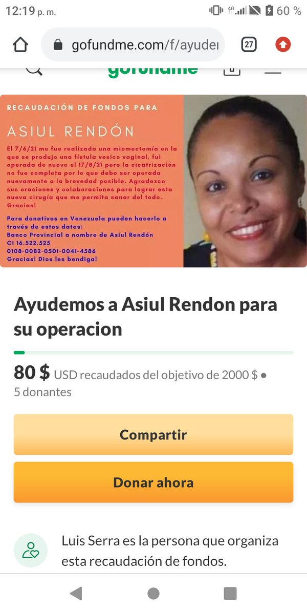 AsiulRendon's tweet photo. https://t.co/CnMbHBYwmt
Mientras más personas difundan mi campaña, más posibilidades tendré de operarme. Un dólar que puedan donarme sería de mucha ayuda. Dios les bendiga. Gracias 😊 https://t.co/aXgZno6MAv