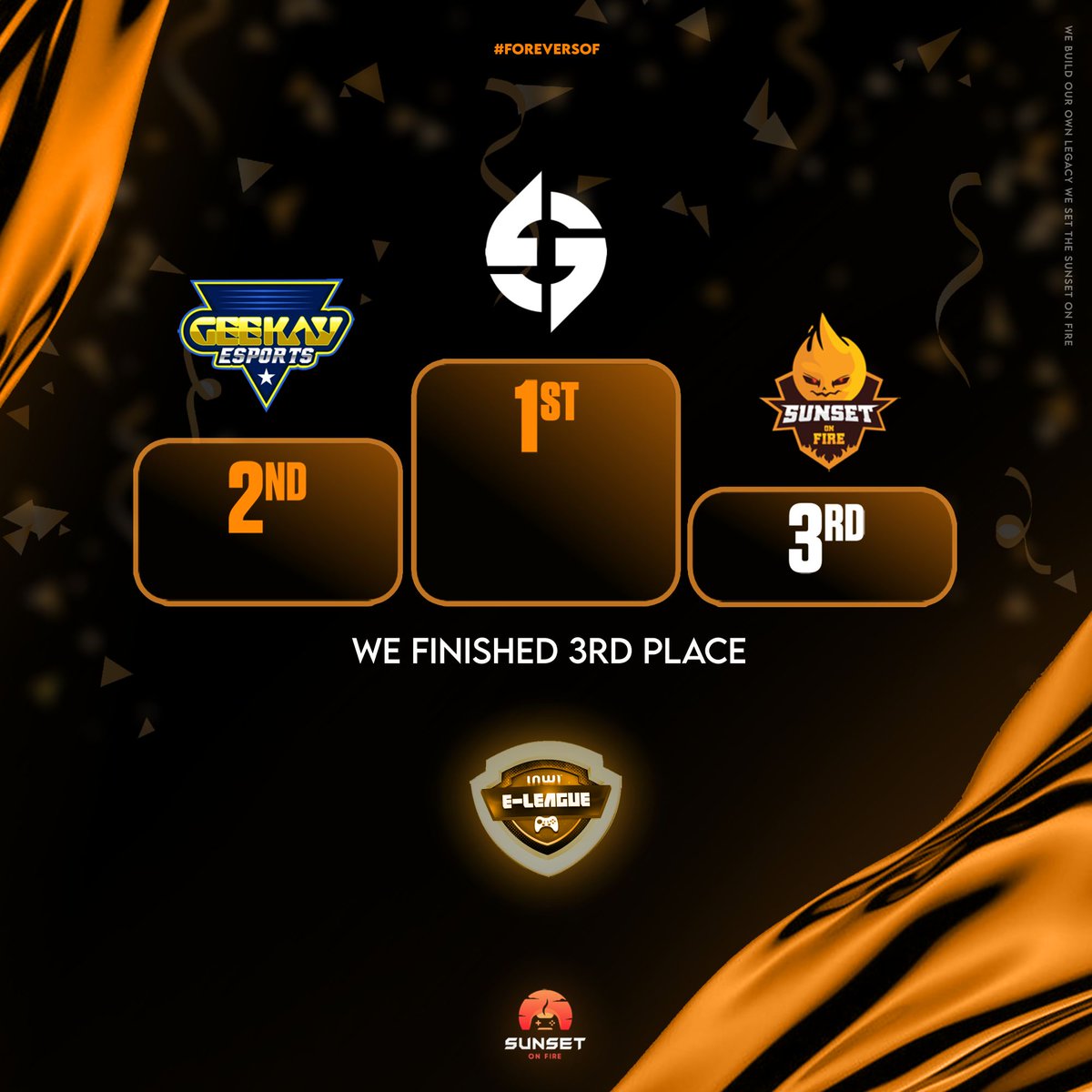 SOF_Esports's tweet photo. We are glad to announce that Sunset On fire finished 3rd on the INWI E-LEAGUE after GnG and @Geekay_Esports
Even though we didn't manage to win the tournament, we are proud of the progression we made so far.
We rely on your support
Wait for the sunset
#Foreversof https://t.co/MMmkcfelnB