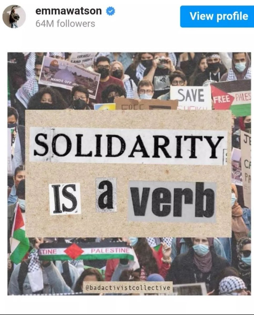 Seguimos aplaudiendo que cada día más celebridades se solidaricen con #Palestina. 
Gracias a #EmmaWatson por posicionarse a favor de los Derechos Humanos.

#Israel es un estado racista y colonial.

#PalestinaLibre 
#SancionesParaIsrael 
#Cultura
#FreePalestine