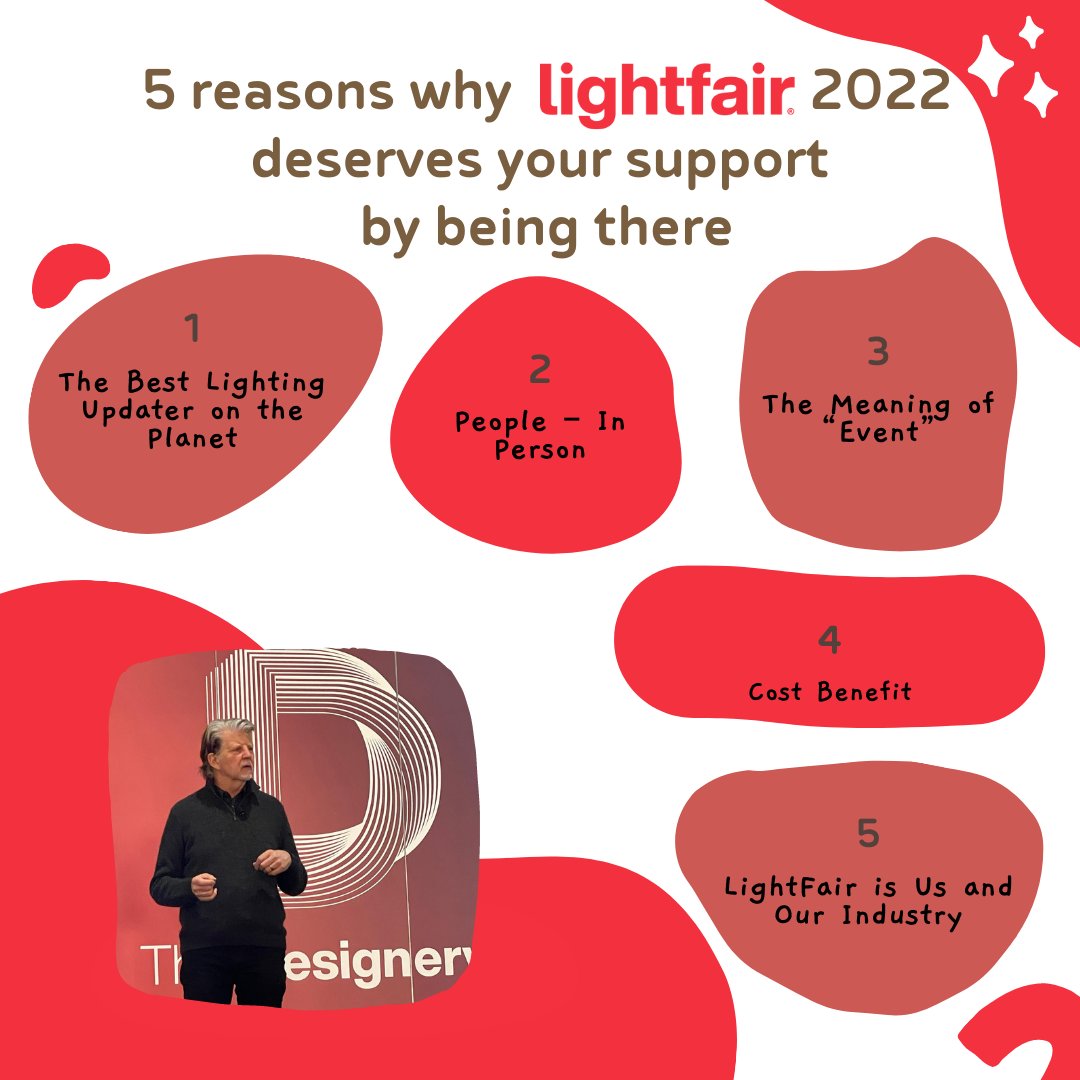 JimBenya presents 5 reasons why @lightfair  2022 deserves your support by being there. For details, go to tinyurl.com/z39c4jan #lightingshow #lightfair #lightingdesign #lightingnews