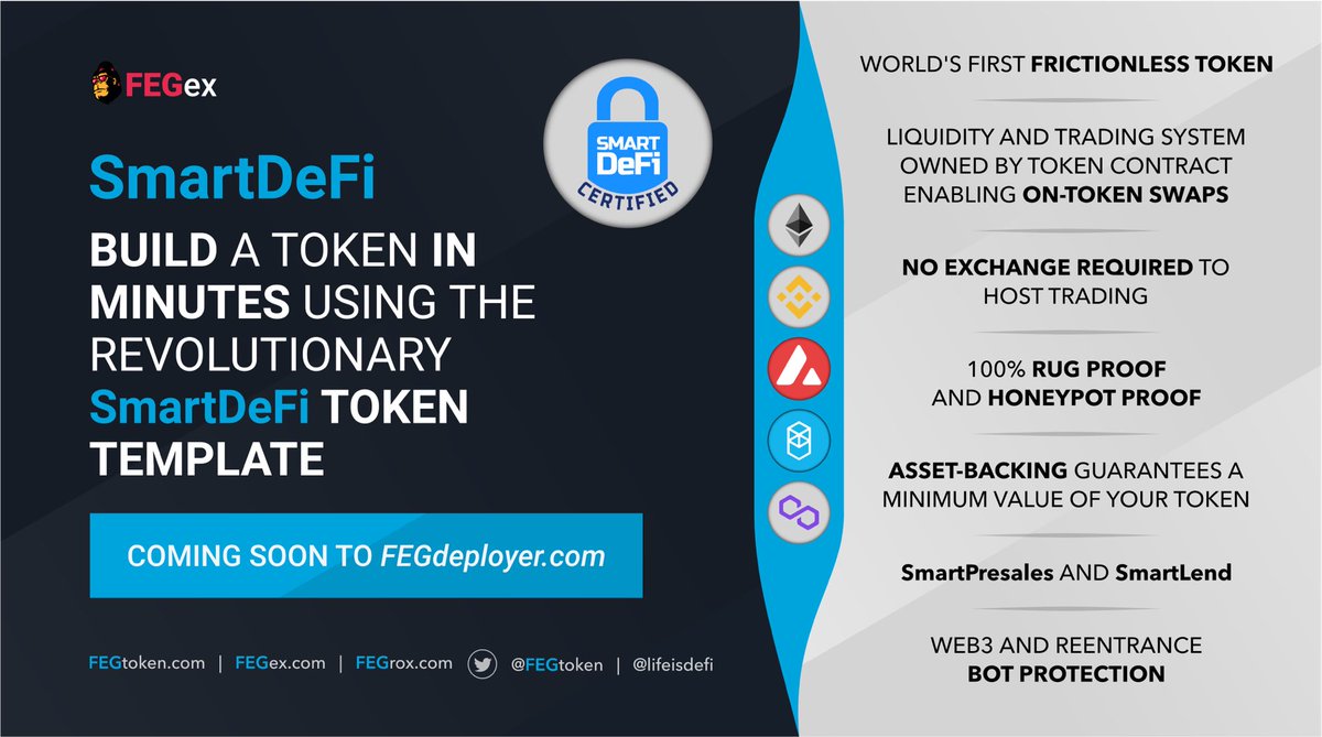 FEGtoken's tweet photo. @SheldonEvans $FEG easily! SmartDeFi is releasing soon where all SD tokens will have the benefits of asset backing, zero interest lending, and rug proof tokenomics! Also EVERY existing token will be able to migrate to SmartDeFi! 

EVERY sell of EVERY #SmartDeFi token will buy and burn #FEG! https://t.co/ewwxkt52hU