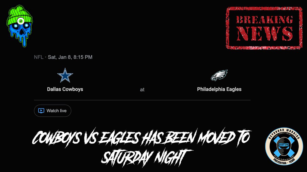 the7ac's tweet photo. 🚨🚨🚨 Cowboys @ Eagles moved to 815 on Sat. Jan 8, 2021... Drippy is still gonna be there repping the network @realprinceblue @britttlifts @ iamjessallen @4thandjawn
#cliched #flyeaglesfly #eaglestwitter #NFL https://t.co/18t2jG9bDI