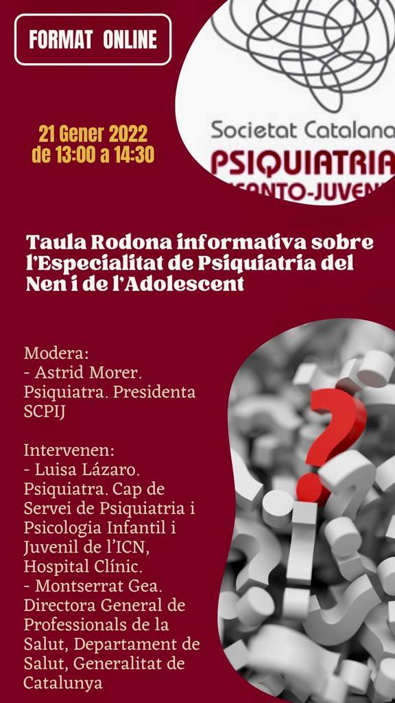 Mantenim webinar el dia 21 de Gener , la jornada anual la traslladem  al 13 de Maig per fer-la presencial. Bon any a tots! #PsiquiatriaInfantil