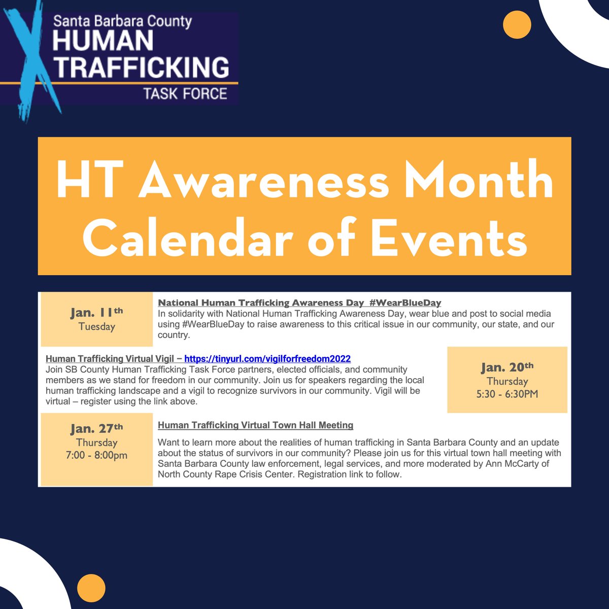 sbactnow's tweet photo. This month is Human Trafficking Awareness Month. Our HT Task Force has worked hard to put together events to bring awareness to this issue in SB County and show how to get involved in the fight against trafficking.
For complete event details, please visit https://t.co/lmvJwrM3Tv https://t.co/vtqUww5O76