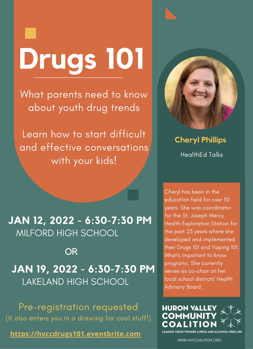 Talking to your kids about drugs, alcohol, and peer pressure can be hard, BUT it doesn't have to be. Join us to learn some tips and tricks to these conversations.
eventbrite.com/e/drugs-101-ti…