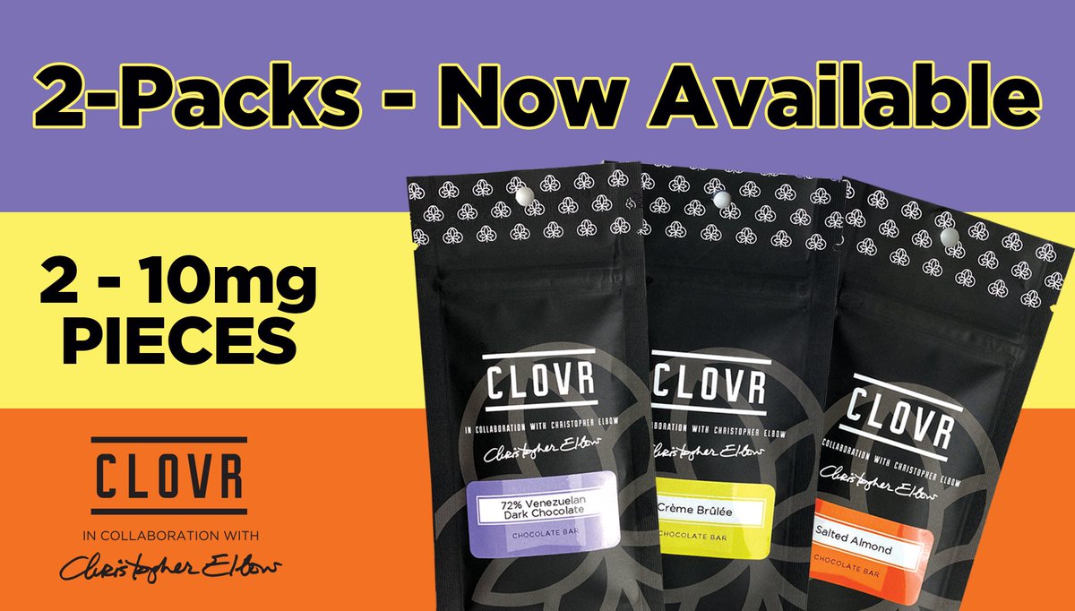 We now have 2-packs of Kansas City's own <a href="/ClovrCannabis/">ClovrCannabis</a> + Christopher Elbow Chocolate! Not ready to try a 100 mg edible? CLOVR bars now come in 20 mg packs. Two pieces per pack allows you to try all three flavors of gourmet chocolate at a lower price point.
