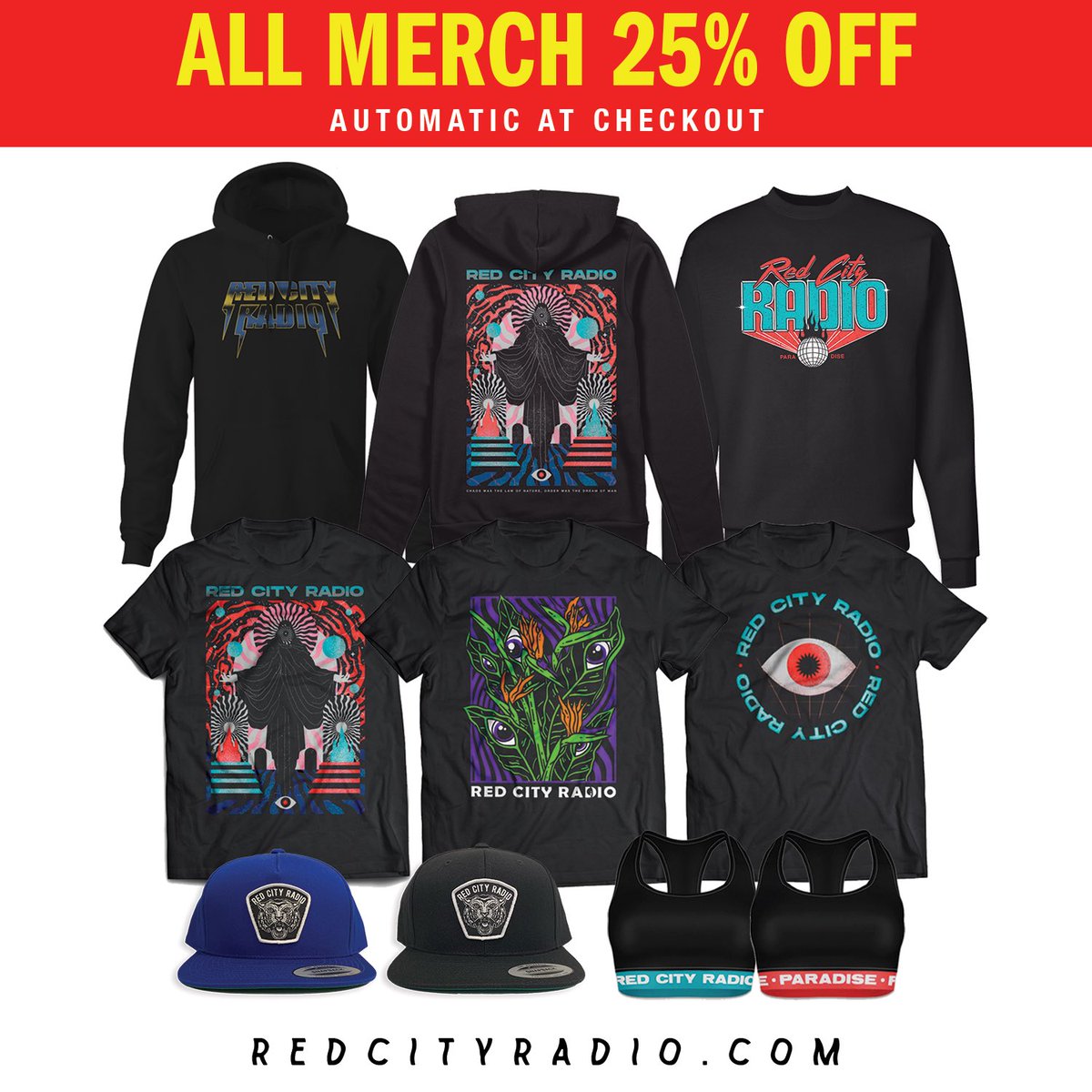 redcityradio's tweet photo. A lot of merch left over from tour!
25% OFF at checkout, no promo code needed. When it’s gone it’s gone, never printed again. Let your buds know ❤️💛💚

https://t.co/NpJ9LIz11V https://t.co/qMwepSjVpU