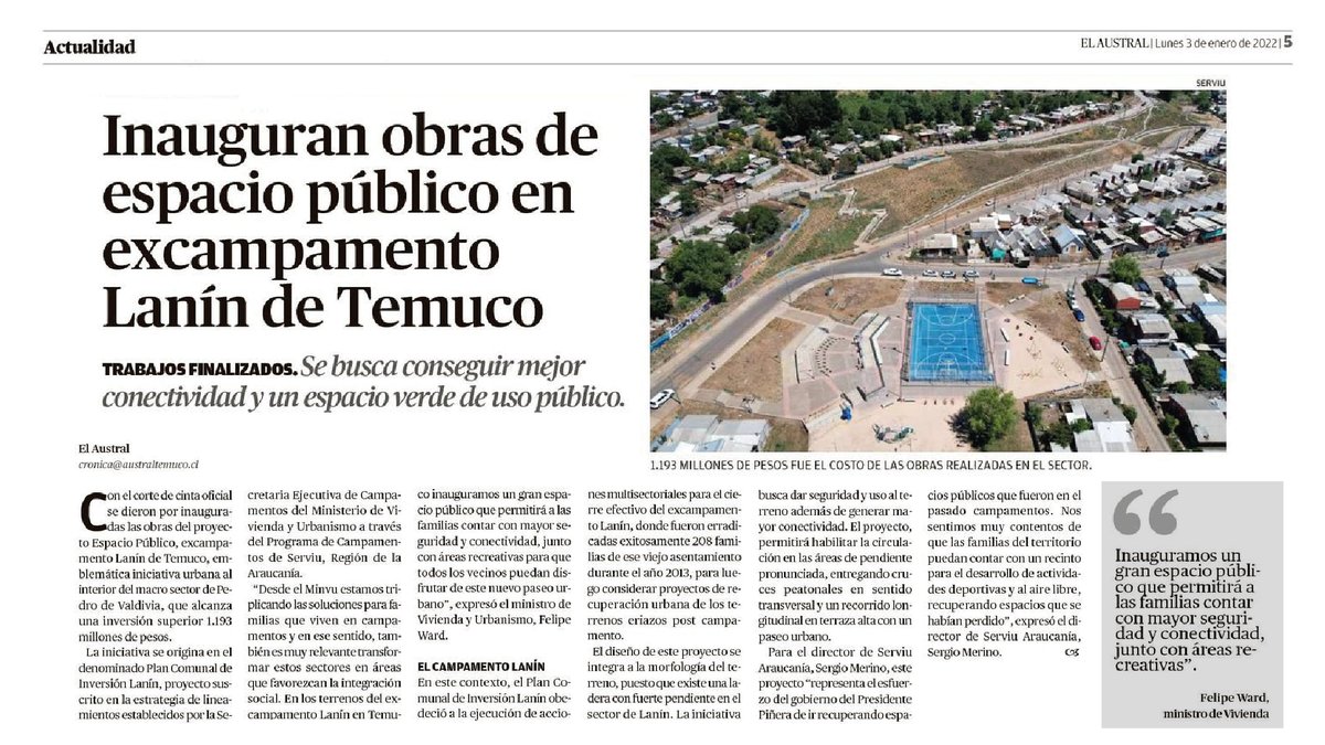 FelipeWard's tweet photo. En el ex campamento Lanín de Temuco inauguramos un gran espacio público que permitirá a las familias contar con mayor seguridad, conectividad y áreas recreativas. En el @Minvu estamos trabajando para poder transformar estos terrenos en áreas que favorezcan la #IntegraciónSocial. https://t.co/bLocSt2LPb