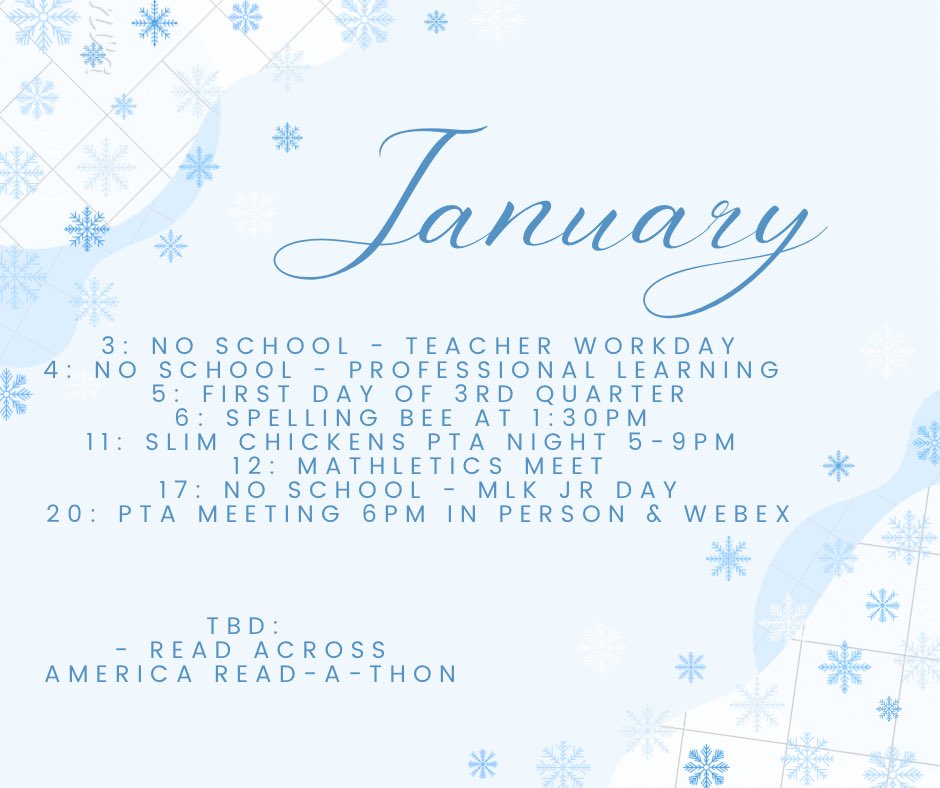 ea_pta's tweet photo. Happy January Panther Family! Here’s your month at a glance but be sure to follow us on Facebook, Instagram, and Twitter for all the fun East Antioch happenings!
IG: ea_pta
Facebook: East Antioch Elementary PTA
@EastAntiochSMSD #PantherPride512 https://t.co/lo1RMuJxEN