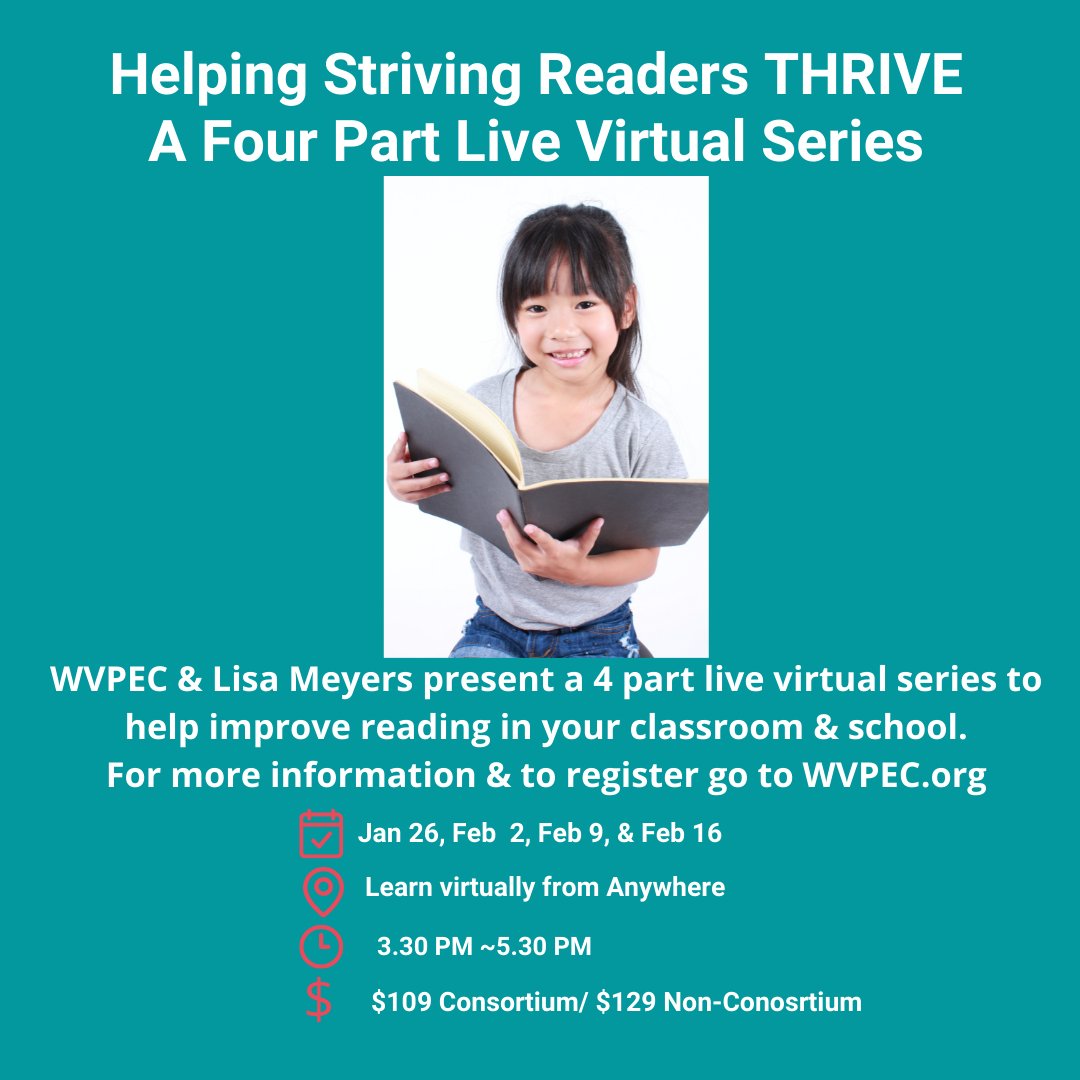 WVaPEC's tweet image. Lisa Meyers will present a four-part series on improving reading in the classroom. office@wvpec.org or wvpec.org website for more information. #reading #readers #teachers #professionallearning