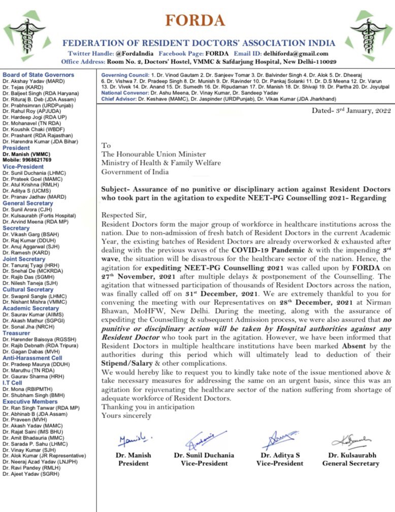 FordaIndia's tweet photo. Regarding assurance of No Punitive or Disciplinary action against #ResidentDoctors who took part in the agitation called by #FORDA to #ExpediteNEETPGCounselling2021 @mansukhmandviya @MoHFW_INDIA @ANI @MirrorNow @IndiaAheadNews @LiveLawIndia @ndtv @TNNavbharat @IndiaToday @aajtak https://t.co/KeAfKw1lKY