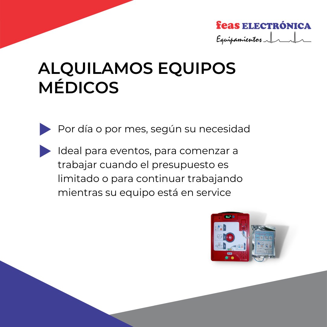 Alquilamos equipos:
- Por día o por mes, según tu necesidad.
- Ideal para eventos, para comenzar a trabajar con un presupuesto limitado o para continuar trabajando mientras su equipo está en service.

#EquipamientoMedico #FeasElectronica #medicina #hospital #clinica #salud