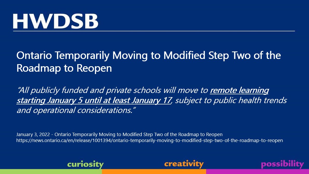 All publicly funded and private schools in Ontario will move to remote learning starting January 5 until at least January 17, subject to public health and operational considerations.

Ontario Temporarily Moving to Modified Step Two of Roadmap to Reopen: news.ontario.ca/en/release/100…