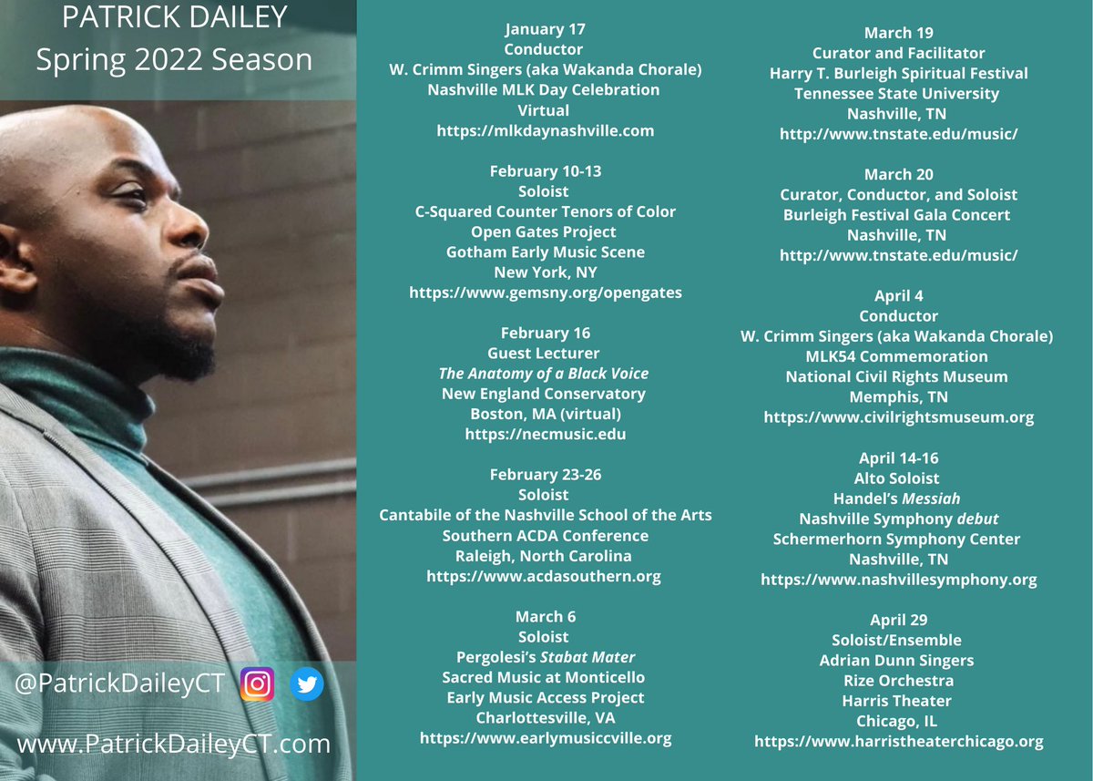 PatrickDaileyCT's tweet photo. New Year = New Opportunities &amp; no matter what, I’m grateful! More to come! 
#BlackMenInOpera #BlackMenInEarlyMusic #BlackMenInTheArts #BlackMenInEducation #BlackMenInCommunity 
#IBelieveGod #NegroSpirituals #Lecture #Oratorio #EarlyMusic #Conductor #Blessed #SeasonAnnouncement https://t.co/BTR534ujyR