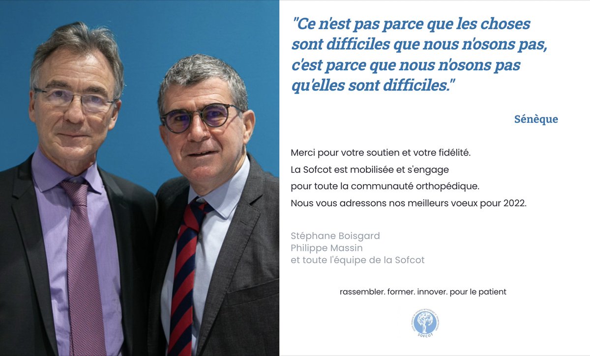 sofcot_ortho's tweet photo. #2022
Merci pour votre soutient et votre fidélité. La #Sofcot est mobilisée et s'engage pour toute la communauté orthopédique. Nous vous adressons nos meilleurs #voeux2022
Philippe Massin, Président de #SOFCOT22
Stéphane Boisgard, Président du CNP-COT https://t.co/p0QvFHHdTZ