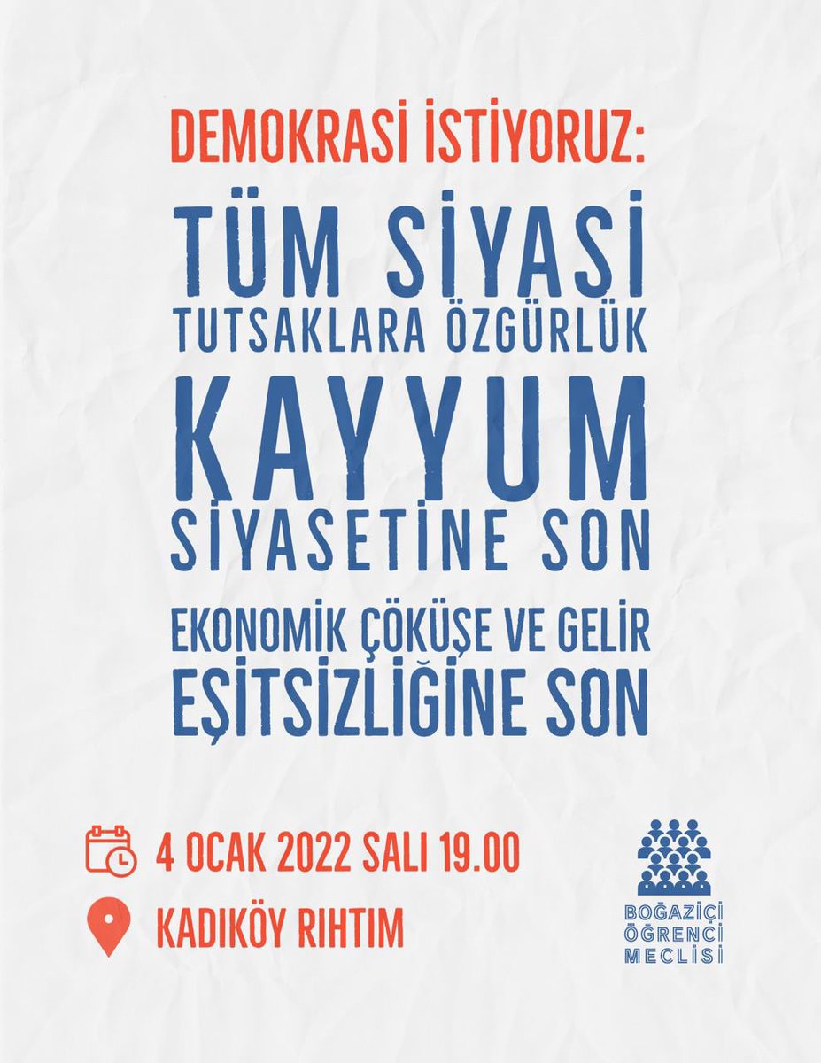 Berke'ye Perit'e ve tüm siyasi tutsaklara özgürlük demek, kayyum siyasetine karşı durmak, ekonomik çöküş ve gelir eşitsizliğinin sorumlularını, kadın düşmanı erkek iktidarın LGBTİ+ fobik politikalarını işaret etmek için 4 Ocak'ta Kadıköy'deyiz.

Demokrasi İstiyoruz!
