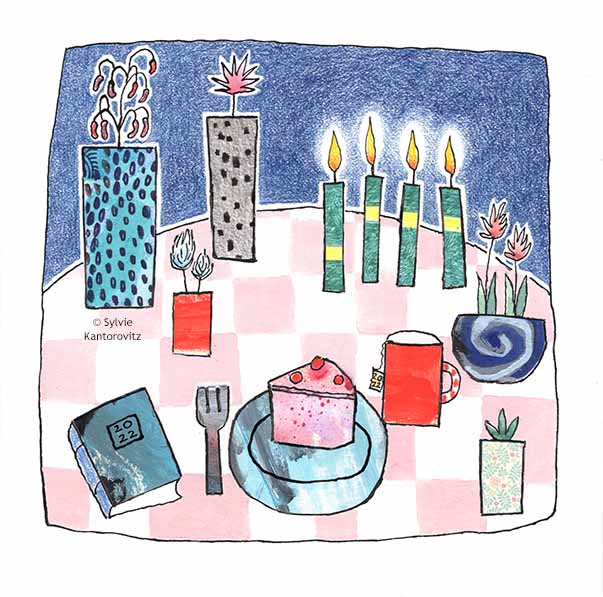 SylvieKant's tweet image. Happy New Year, Friends!
Wishing you all warmth and light and sweetness for 2022.  
#FromTheDrawingTable #Collage #Gouache #ColoredPencils 
#Plants #ImaginaryPlants #Vases #Pottery #Cake