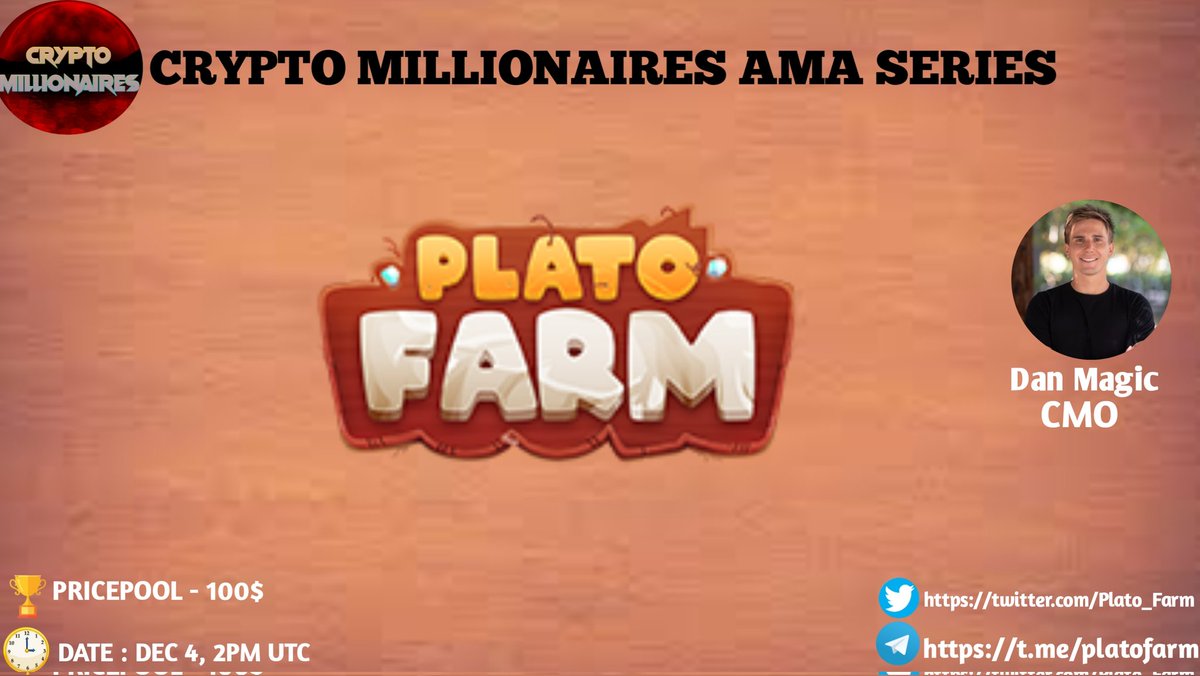 Crypto_famt's tweet photo. Crypto Millionaires will host  #AMA with PLATO FARM on January 4, 2021 AT 2PM UTC

💰Rewards Pool: $100 

🏠Venue : https://t.co/TmHuHlM0bP

Rules:
1⃣Follow @Crypto_Million1 &amp; @Plato_Farm
2⃣Like &amp; Retweet
3⃣Comment Questions (max 5 Questions) &amp; Tag 3 Friends https://t.co/7giNtTfzoQ
