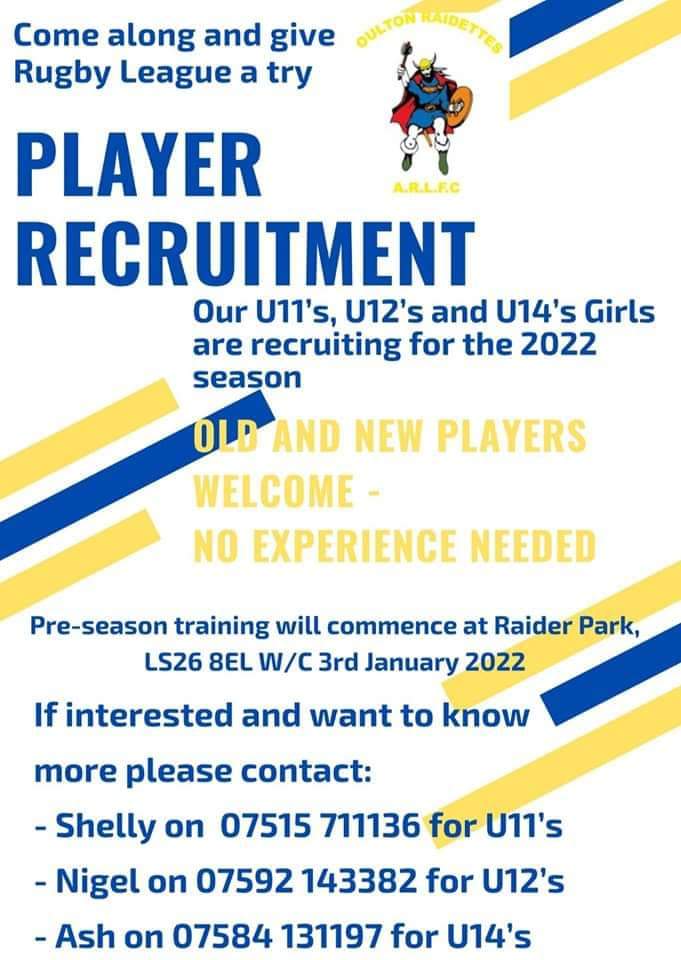 ****Please Share****

Oulton Raidettes are recruiting for 2022

Pre season training starts Thursday 6th January down at Raider Park.

No Experience needed 

U11’s School Years 5 and 6
U12’s School Year 7
U14’s School Years  8 and 9 

💙💛💙💛💙💛💙💛💙💛💙💛💙
