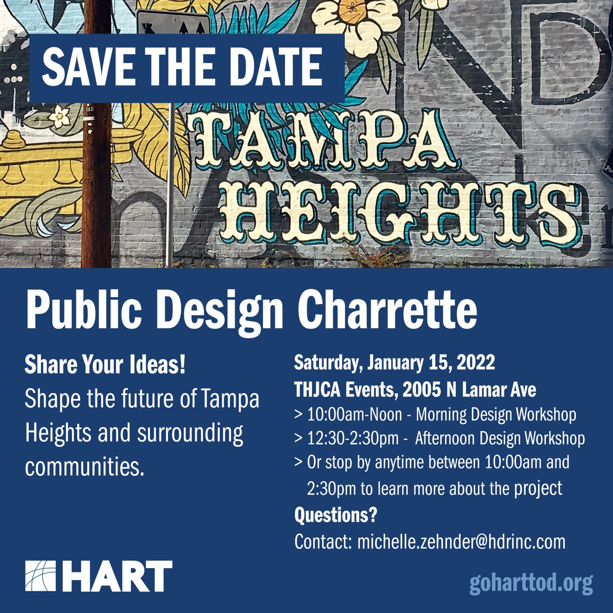 GoHART's tweet photo. Help shape the future of #TampaHeights and surrounding communities. Join us at an in-person design charrette on Saturday, January 15, at the @TampaHeightsJCA (2005 N Lamar Ave).

Design Workshop Schedule:
✳ 10 AM - 12 PM
✳ 12:30 PM - 2:30 PM
📍https://t.co/zpYc6LhloX https://t.co/3Nvj4JCgAr