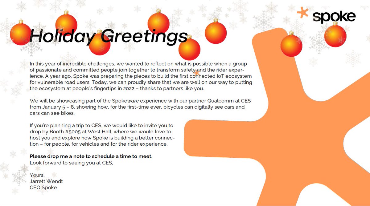 Happy 2022! If you’re planning a trip to CES, we would like to invite you to drop by Booth #5005 at West Hall, where we would love to host you and explore how Spoke is building a better connection – for people, for vehicles and for the rider experience.
