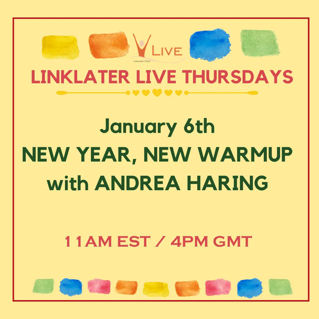 LinklaterVoice's tweet photo. LINKLATER LIVE THURSDAY is Back!
Join Andrea Haring as we welcome the new year with our first Linklater Live Warmup!
Click here to join us! : https://t.co/pHvfIatEt8
#kristinlinklater #linklatervoice #kirstinlinklatervoicecentre #linklaterlive #voicewarmup #michaelchekhov https://t.co/tmfHHlznUi