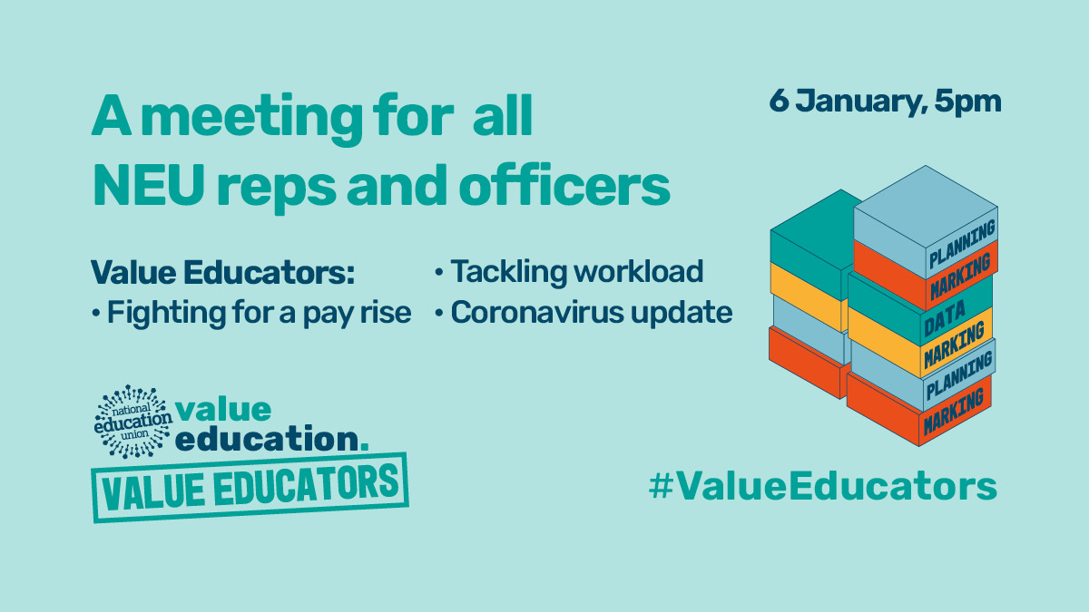 📢 Join our first 2022 virtual reps and officers meeting. 

📅 6 January
⌚ 5pm

Hear updates from <a href="/NEUnion/">National Education Union</a>'s #ValueEducation #ValueEducators campaign on:
 
✳️ Fighting for a pay rise.
✳️ Tackling workload.
✳️ Covid-19.

📝Register here.👉 ow.ly/7Pwf50Haho2