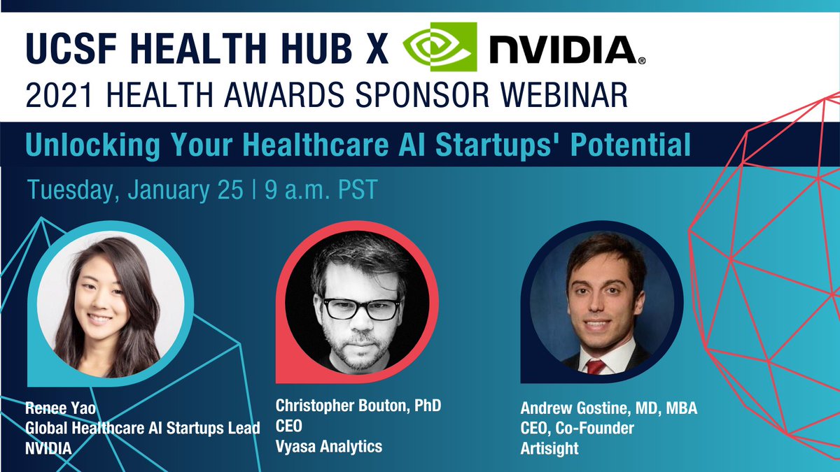 Join us for a <a href="/ucsfhealthhub/">ucsfhealthhub</a> webinar with <a href="/nvidia/">NVIDIA</a> 1/25 9am PST on free resources provided in NVIDIA Inception, an acceleration platform for AI, data science &amp; HPC startups. Hear from <a href="/_artisight/">Artisight</a> &amp; @vyasaanalytics on their journeys in the program. Register: bit.ly/3ELOGjd