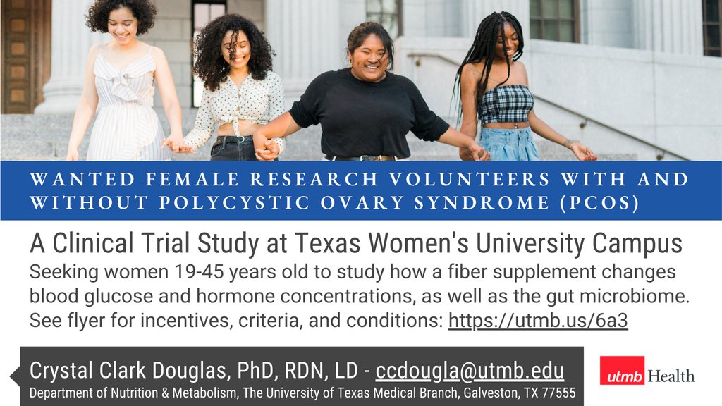 UTMB_SCOA's tweet photo. Seeking women 19-45 years old to study how a fiber supplement changes blood glucose and hormone concentrations, as well as the gut microbiome. See flyer for more information: https://t.co/EDe9pzNSH7. #CeRPAN https://t.co/jJtJriOuFi
