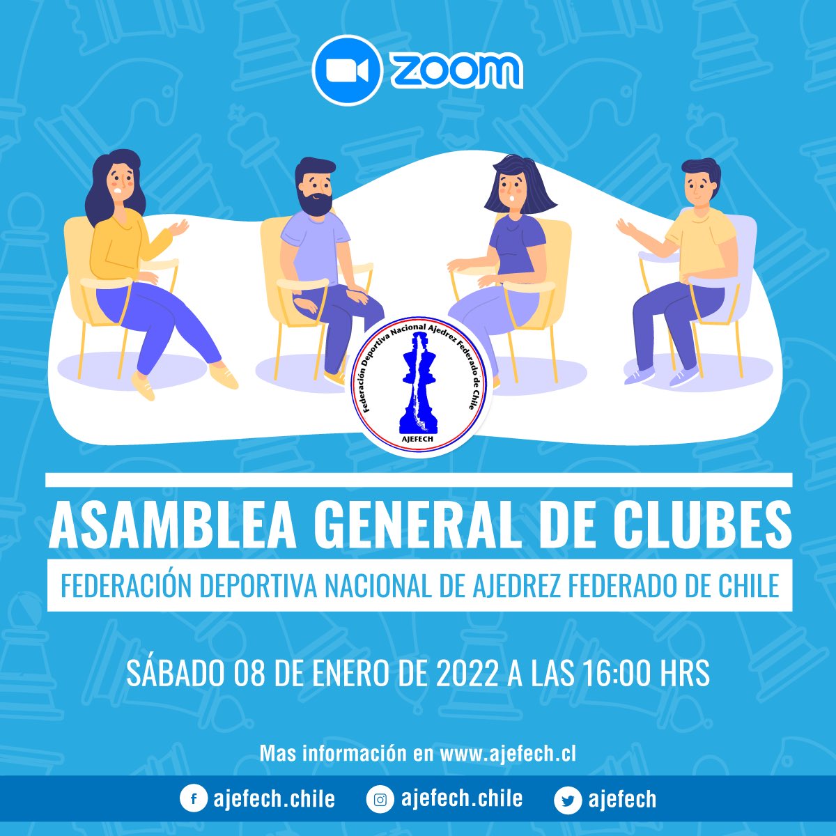Federación de Ajedrez de Chile - AJEFECH (@ajefech) on Twitter photo Estimados Dirigentes, recuerden que este 8 de enero a partir de las 16 hrs, tendremos nuestra Asamblea General de Clubes Federados de #Ajedrez de #Chile. ¡Te esperamos! #ajedrezchileno #chess <a href="/INDChileOficial/">IND Chile 🇨🇱</a> <a href="/MindepChile/">Ministerio del Deporte</a> <a href="/FIDE_chess/">International Chess Federation</a> <a href="/advorkovich/">Arkady Dvorkovich</a> <a href="/damabarca/">Damaris Abarca ♟</a> <a href="/ceciperez1/">Cecilia Pérez Jara</a> ♟🇨🇱 Estimados Dirigentes, recuerden que este 8 de enero a partir de las 16 hrs, tendremos nuestra Asamblea General de Clubes Federados de #Ajedrez de #Chile. ¡Te esperamos! #ajedrezchileno #chess <a href="/INDChileOficial/">IND Chile 🇨🇱</a> <a href="/MindepChile/">Ministerio del Deporte</a> <a href="/FIDE_chess/">International Chess Federation</a> <a href="/advorkovich/">Arkady Dvorkovich</a> <a href="/damabarca/">Damaris Abarca ♟</a> <a href="/ceciperez1/">Cecilia Pérez Jara</a> ♟🇨🇱