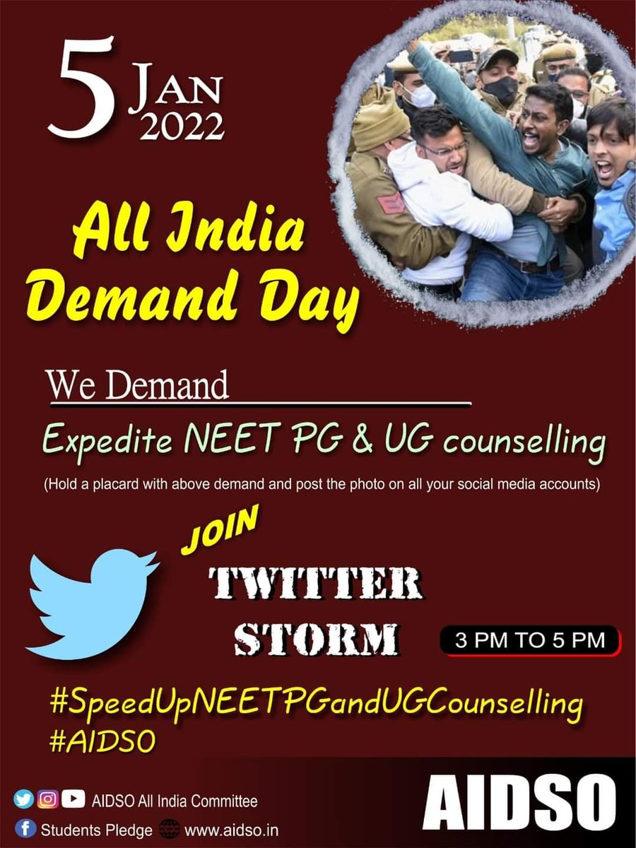aidsokerala's tweet photo. 5 Jan 2022
#All_India_Demand_Day
 Expedite NEET PG &amp; UG counselling
Make success TWITTER STORM (3 to 5 pm)
#SpeedUpNEETPGandUGCounselling
#AIDSO 
#NEETPG 
#NEETUG2021 
#NeetPGcounselling2021 
#NEET https://t.co/tevZpNeHDS