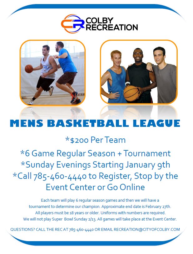 Colby Rec is offering two different adult leagues this Winter and time is running out to register! If you are interested in getting a team for either please go online at secure.rec1.com/KS/colby-ks/ca… or call 785-460-4440. Deadlines for each are this week!