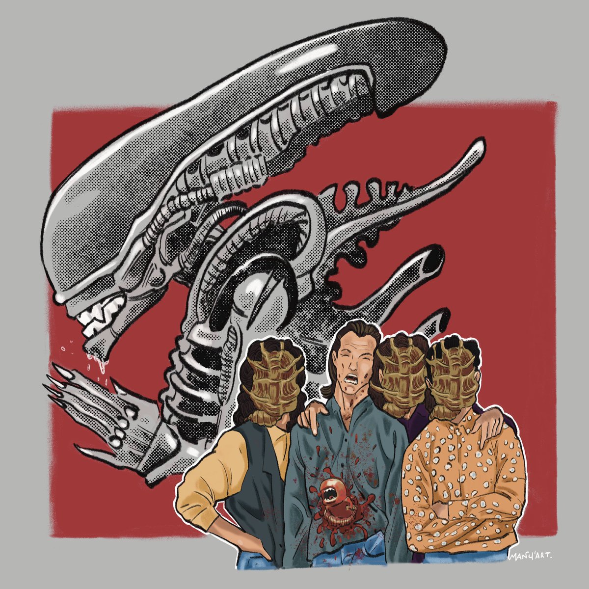 Manuart88's tweet photo. Nostalgie et humour noir pour bien commencer l’année avec : ALIEN ET LES GARÇONS 🥳
#tribute #nostalgia #humour #xenomorph #digitalart #French https://t.co/qPJJ64Km3s
