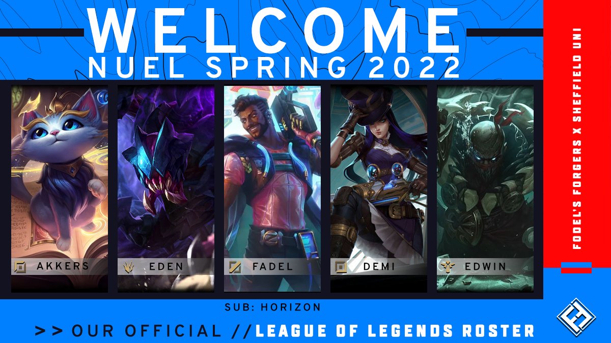 fodelsforgers's tweet photo. Well we did promise an announcement at 15 likes...

Welcoming the Fodel's Forgers LoL Squad that will be playing for Sheffield Uni in the coming @theNUEL Season!

Top - Akkers 🇬🇧
Jungle - Eden 🇬🇧
Mid - Fadel 🇬🇧
ADC - Demi  🇬🇧
Support - Edwin🇬🇧

Sub: Horizon 

#ForgingThePath https://t.co/0MXb9g1POf