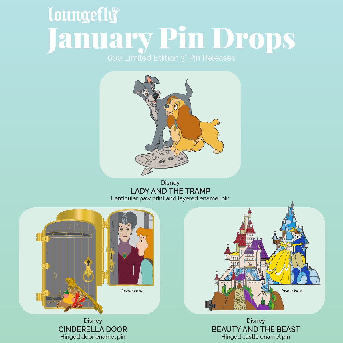 Loungefly's tweet image. We are so excited to share the new Limited Edition 3” enamel pin calendar! ✨Which pin are you most excited for? 
Make sure to stay tuned to know which pin will release each Tuesday!