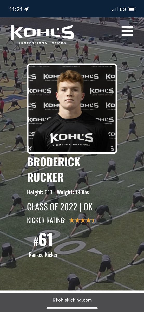 Had a blast at the Kohl’s Kicking Texas Winter Showcase 2021 and excited to say that I have ruled out to be #61 kicker in the nation for the Class of 2022! <a href="/Coachpreacher/">Coach Tim Harper</a> <a href="/CoachDrinkwitz/">Eliah Drinkwitz</a> <a href="/CoachVenables/">Brent Venables</a> <a href="/KohlsKicking/">Kohl's Kicking Camps</a> <a href="/CoachPMonty/">Philip Montgomery</a> <a href="/CoachGundy/">Mike Gundy</a> <a href="/CoachSamPittman/">Coach Sam Pittman</a> #kicking #football