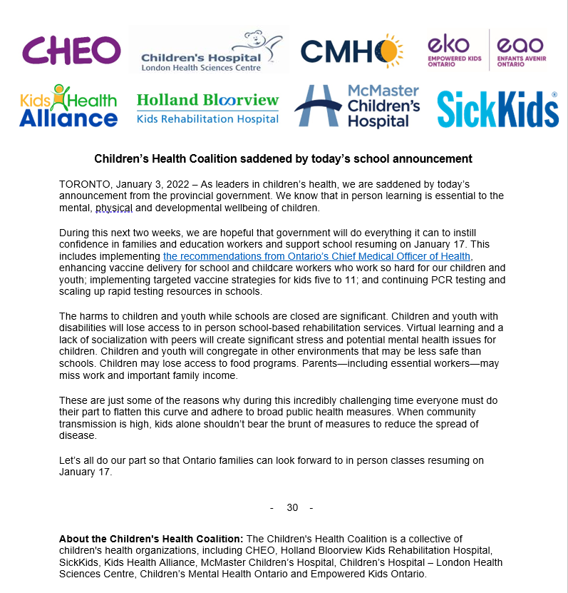We're saddened by today’s announcement to close schools. 

Read our statement about why in person learning is so important and why we need to ensure schools can resume January 17. #onpoli