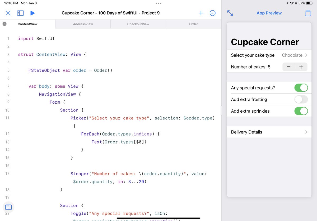 Henry_Ben_'s tweet image. Days 49, 50, 51, and 52 of #100DaysOfSwiftUI are complete! This project was the first I completed in #SwiftPlaygrounds4, and wow! Even with a few bugs, the responsiveness and ability to see when the model or a view is broken or working again is a game-changer. #iOSDev #Swift