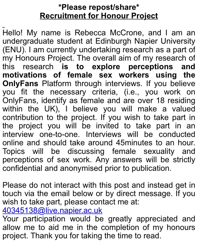 MccroneBeccy's tweet photo. *PLEASE RETWEET/SHARE* 
 If you feel you fit the criteria please get in touch either via DM or email me at: 40345138@live.napier.ac.uk. Any shares are greatly appreciated:) https://t.co/V44VwYJ0DM