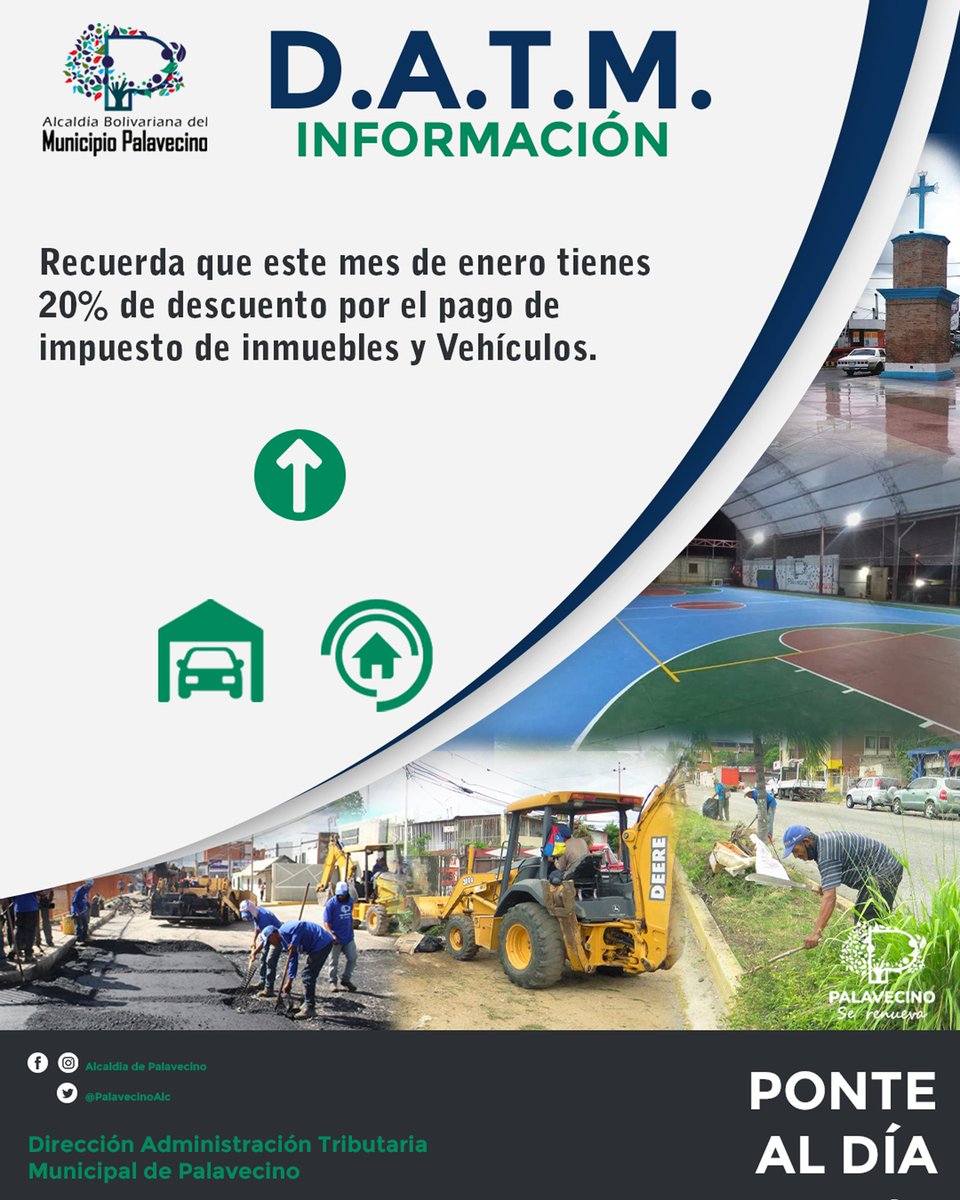 20% DE DESCUENTO EN IMPUESTOS MUNICIPALES EN ENERO 2022

Este descuento aplicará tanto para inmuebles 🏬 como para los vehículos. 🚗🚙

¿Dónde puedes pagarlos?

En las taquillas de la Dirección de Administración Tributaria Municipal (D.A.T.M.), edificio sede de la Alcaldía.