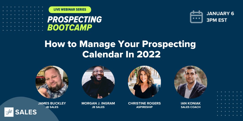 1/2: New Year's Resolution < 2022 Focus

Get your time management and #prospecting into tip top shape with this week's Prospecting Bootcamp featuring our very own Christine Rogers <a href="/aspirechrisrog/">Christine Rogers</a>, @MorganJIngram, James Buckley <a href="/saywhatsales/">Saywhatsales</a> and Ian Koniak <a href="/DriveSalesNow/">Ian Koniak</a>.